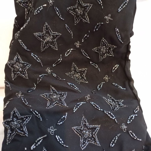 Vintage hand-beaded black evening shoulder bag with silver stars