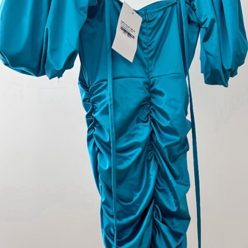 Dress short fitted with satin texture new, blue turquoise