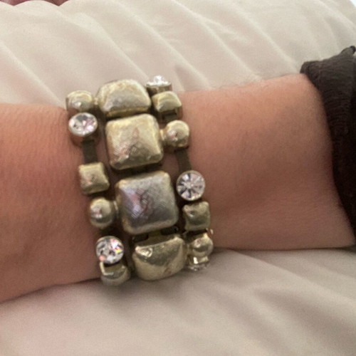Vintage bracelet used, leather, metal, rhinestones, green and gold