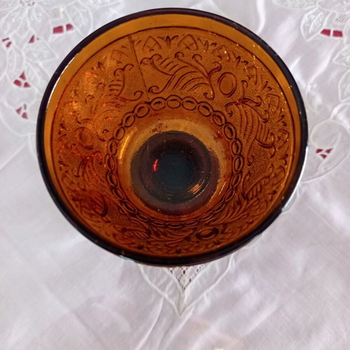 Vintage Amber glass tumbler with embossed patterns like new