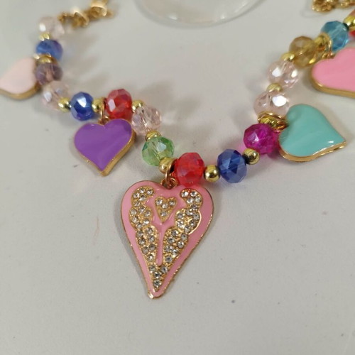 Girly cute necklace with pink enamel hearts and crystals new