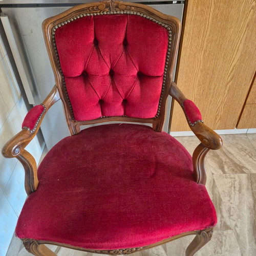 Vintage Louis XV armchair used, carved wood and red velvet