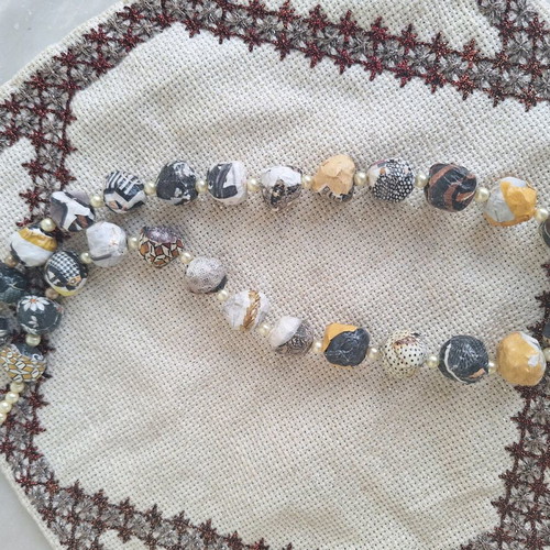 Papier-mâché necklace handmade made to order, yellow and black and white