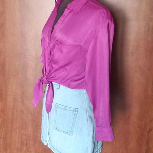 Bershka Cropped Satin Shirt with Tie Magenta like new