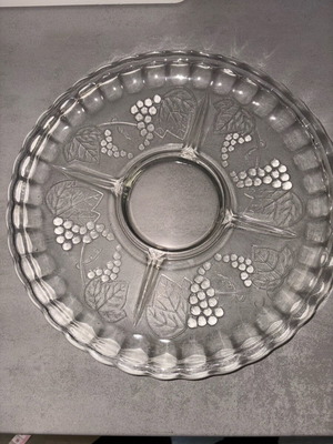 Glass serving platter new with embossed grape designs
