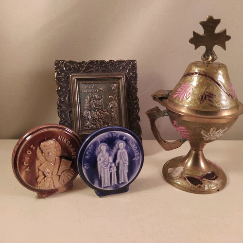 Set of 4 church incense burner brass and ceramic icons like new