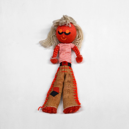 Handmade vintage hippie doll 1970s used, burlap and wool