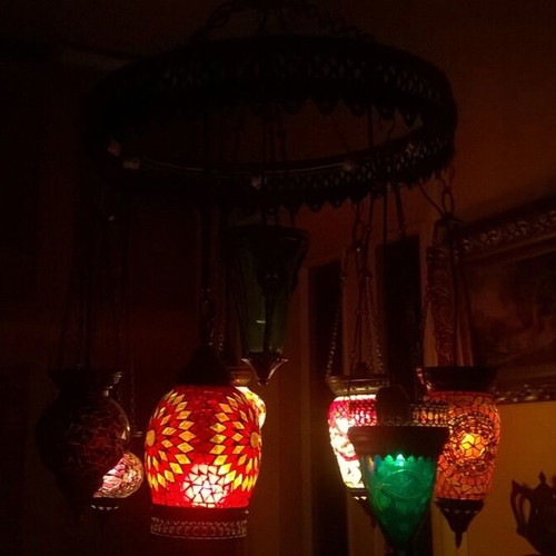 Moroccan Boho Ceiling Light with 8 Different Colored Lamps like new