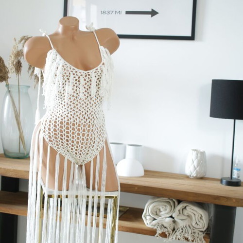 Beachwear one-piece new, white with braided pattern and tassels