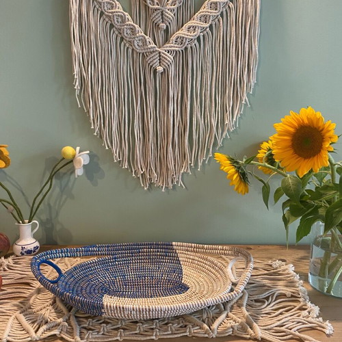 Set of woven fruit bowls from Africa new, white-blue, 3 pieces