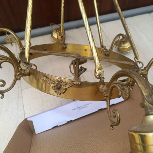 Bronze ceiling chandelier eight-light used with glass shades, vintage
