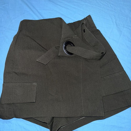 Bershka khaki shorts with front closure and silver detail, size S
