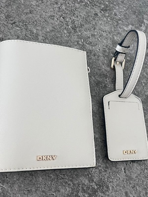 DKNY travel set with passport holder and luggage tag, white leather
