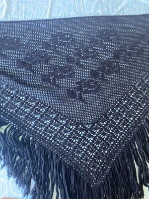 Handmade triangular black shawl, like new, filet crochet design
