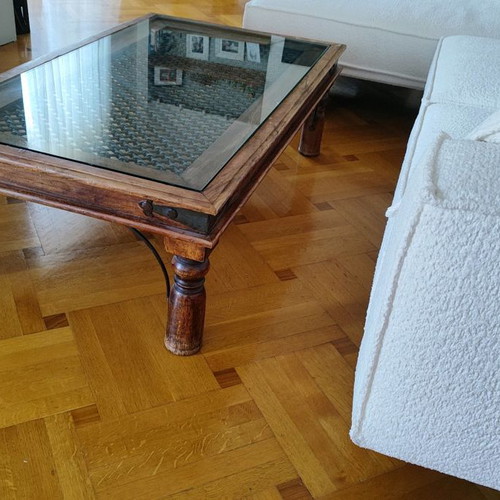 Wooden coffee table with iron pattern used