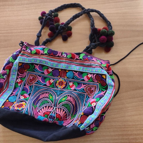Ethnic Boho Shoulder Fabric Bag with Embroidery and Pom-Poms, Hmong Thai Tribal style
