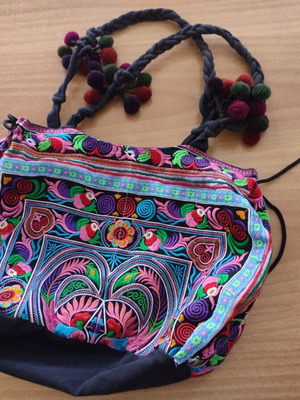 Ethnic Boho Shoulder Fabric Bag with Embroidery and Pom-Poms, Hmong Thai Tribal style