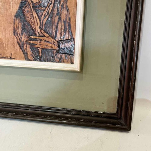 Vintage pyrography wall frame with vulture and elderly man, artist signature, 43x44