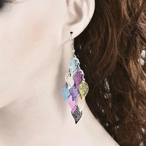 Boho Filigree Earrings with Colorful Leaves, New