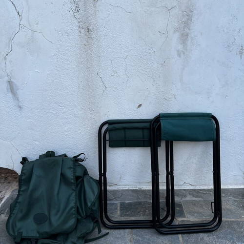 Camping set with 2 folding stools and backpack used