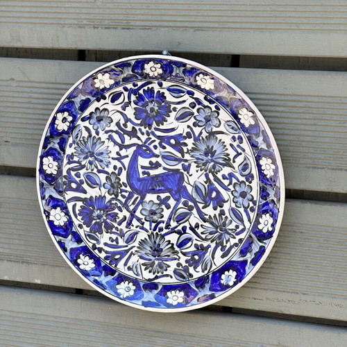 Large Handmade Ikaros Ceramic Plate with Blue Deer Design, used