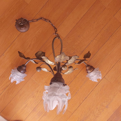Art Nouveau 1900 French ceiling light used, gilt brass with frosted glass