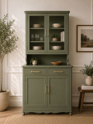 Green buffet with glass cabinet made of solid wood like new