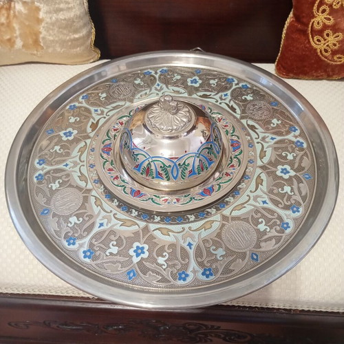 Vintage serving tray and fondue set with cloisonné enamel, like new