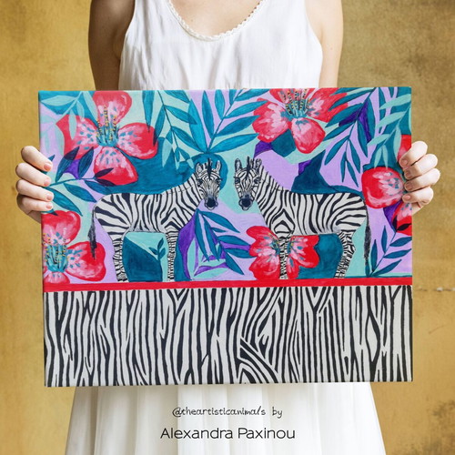 Boho Zebras Painting Acrylic on Canvas 40x50 cm New