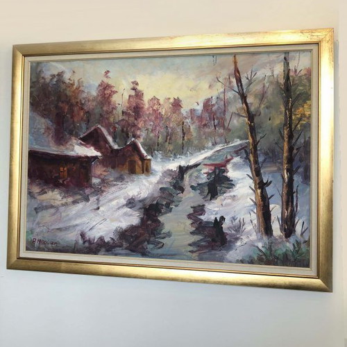 D. Bouki oil painting like new, mixed oil on canvas with snowy landscape