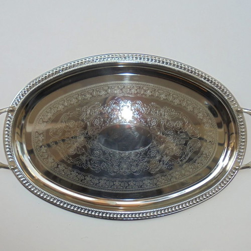 Twin Bird metal serving tray with engraved decoration