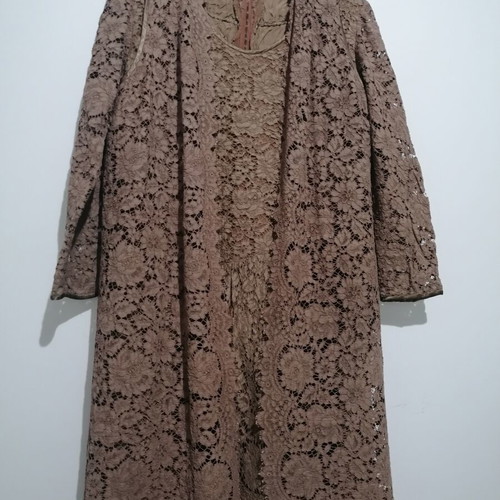 Vintage dress and matching sleeveless jacket handmade, brown lace guipure, size M, used