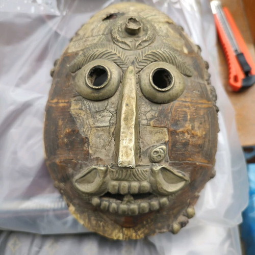 Three antiques like new with tribal mask, Margaritis ceramic, and large shell