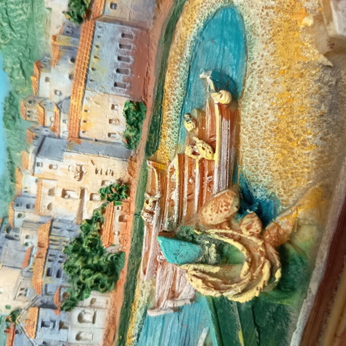 Relief wall decoration with fishing boat and seaside landscape, like new