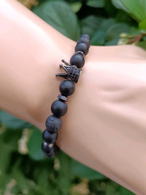 Men's Black Bracelet "Dark Majesty" with Zirconia Crown & Semi-Precious Stones