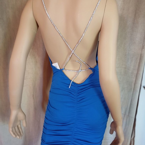 Fitted dress one size with strass crisscross back cord, new, blue