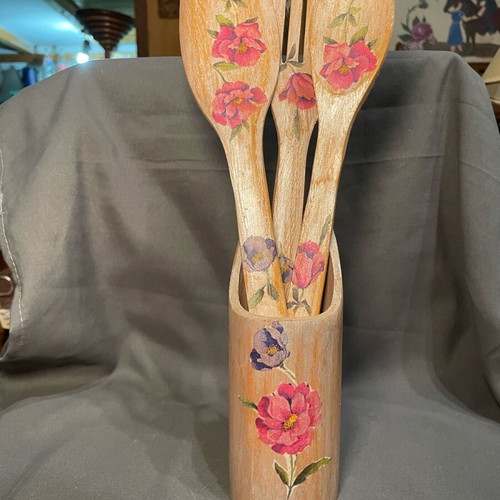 Wooden vintage hand-painted spoon and fork set like new