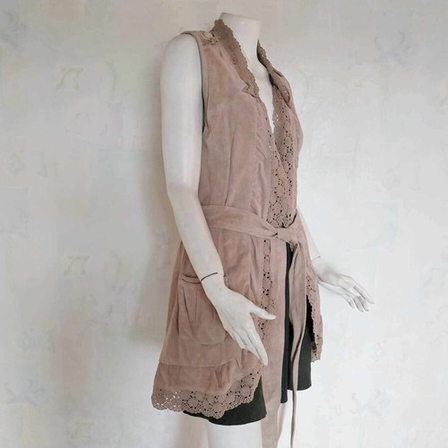 Vintage French long women's leather vest with lace and belt used