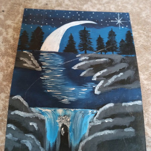 Decorative canvas with moon and waterfall, like new