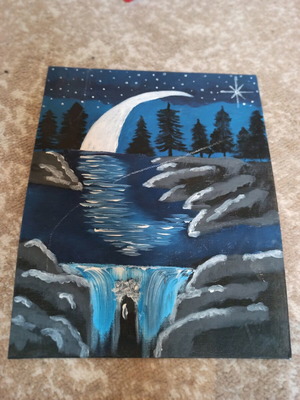 Decorative canvas with moon and waterfall, like new