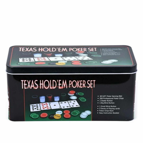 Poker set in metal box new with 200 chips and playing cards