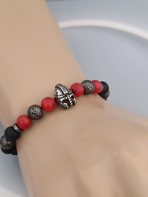 Αντρικό Μαύρο Βραχιόλι με Ατσάλινη Περικεφαλαία Λεωνίδα και Ημιπολύτιμες Πέτρες