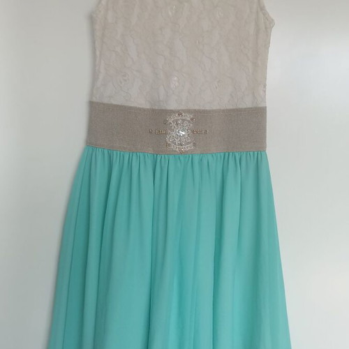 Women's dress knee-length, like new, turquoise and beige lace bust