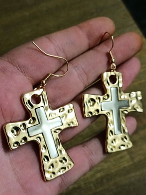 Women's two-tone stainless steel cross earrings new