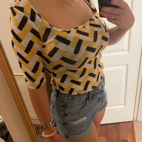 Bodysuit with square neckline like new, short sleeve, white yellow black