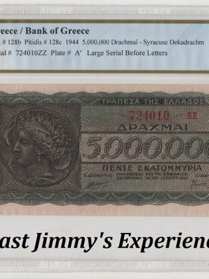 1944 Greece 5,000,000 Drachmai banknote choice unc