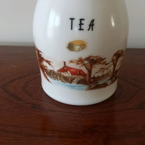 Vintage kitchen jars set of 5 used, milk glass with floral and scenic patterns