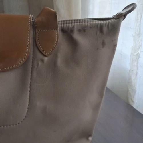 Longchamp Le Pliage Planètes shoulder bag used, beige, medium size with patent details