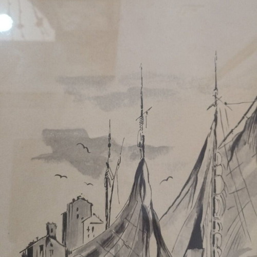 Watercolor painting with sailboats used, signed by D. Ioannou