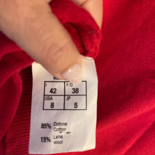 Red pullover with silver cuff buttons, wool and cotton, size M
